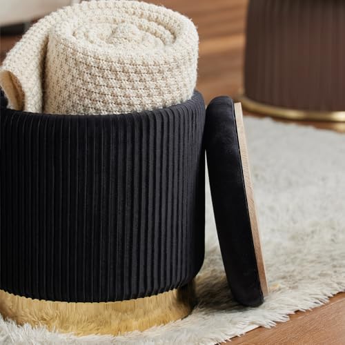 Round Ottoman with Storage Set of 2 Black Vanity Stool Foot Rest - Image 5