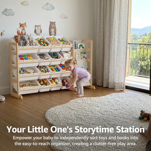 NUTIKAS Toy Storage Organizer with Bookshelf - Wooden 16 Bins Kids Toy Organizer Rack, Solid Pine Wood, Toys Box for Toddler, Playroom, Living Room, Bedroom, Nursery - Image 3