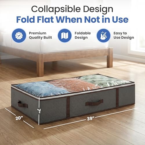 Underbed Storage Bags 4-Pack - Foldable Under Bed Storage Organizer for Clothes, Bedroom Blankets, Comforter, Pillows, Linen Sheets, Towels, Sweaters, Shoe Drawers - Ideal for College Dorms (Grey) - Image 2