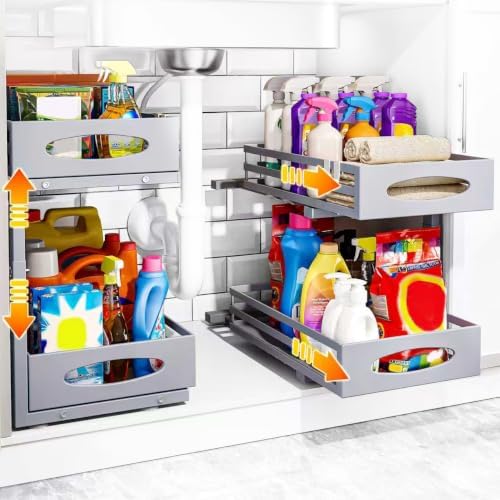 Under Sink Organizer, 2 Tier Under Sink Organizers and Storage, Adjustable Height, Slide out Metal Cabinet Organizers, Pull out Cabinet Storage Drawer Shelf for Kitchen Bathroom (Gray, 2 Pack) by MIXESHOP
