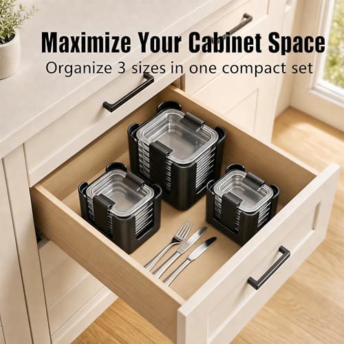 Food Container Lid Organizer for Rubbermaid Brilliance Lid, 3-Piece Lid Organizers for Cabinet, Holds 24 Snap-On Lids, Stackable Kitchen Cabinet Organizer for 0.5, 1.3, 3.2 & 4.7 Cup Lids, Black - Image 4