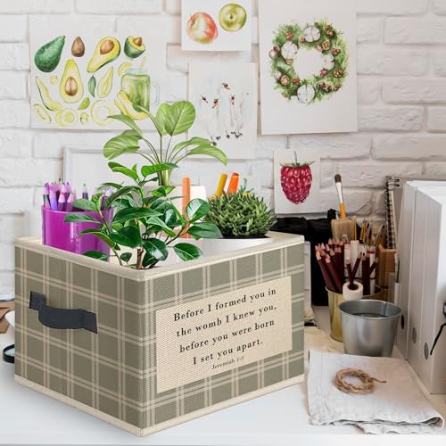 Christian Nursery Foldable Storage Bins Box with Handles, Bible Verse Religious Retro Neutral Gingham Collapsible Toys Books Clothes Organizer Basket for Kids Girls Boys Room Bedroom Bathroom - Image 2