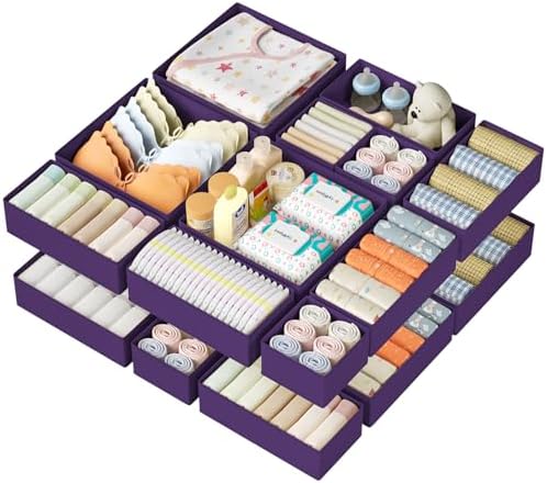 DIMJ Drawer Organizer Clothes 15 Pack - Foldable Baby Organizers and Storage & Dresser Organizer for Bedroom, Closet - Nursery Organization Dresser Dividers for underwear, Sock,Bra, Belt, Tie, Purple by DiMJ
