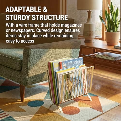 MyGift Brass-Tone Metal Magazine Rack, Mid-Century Wire Floor Stand - Image 2