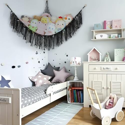 Stuffed Animal Hammock with LED Lights - 59 Inch Large Toy Storage Net for Kids Bedroom, Wall-Mounted Plush Organizer with Wooden Rings, Nursery Decor (Handwoven, Black) - Image 3