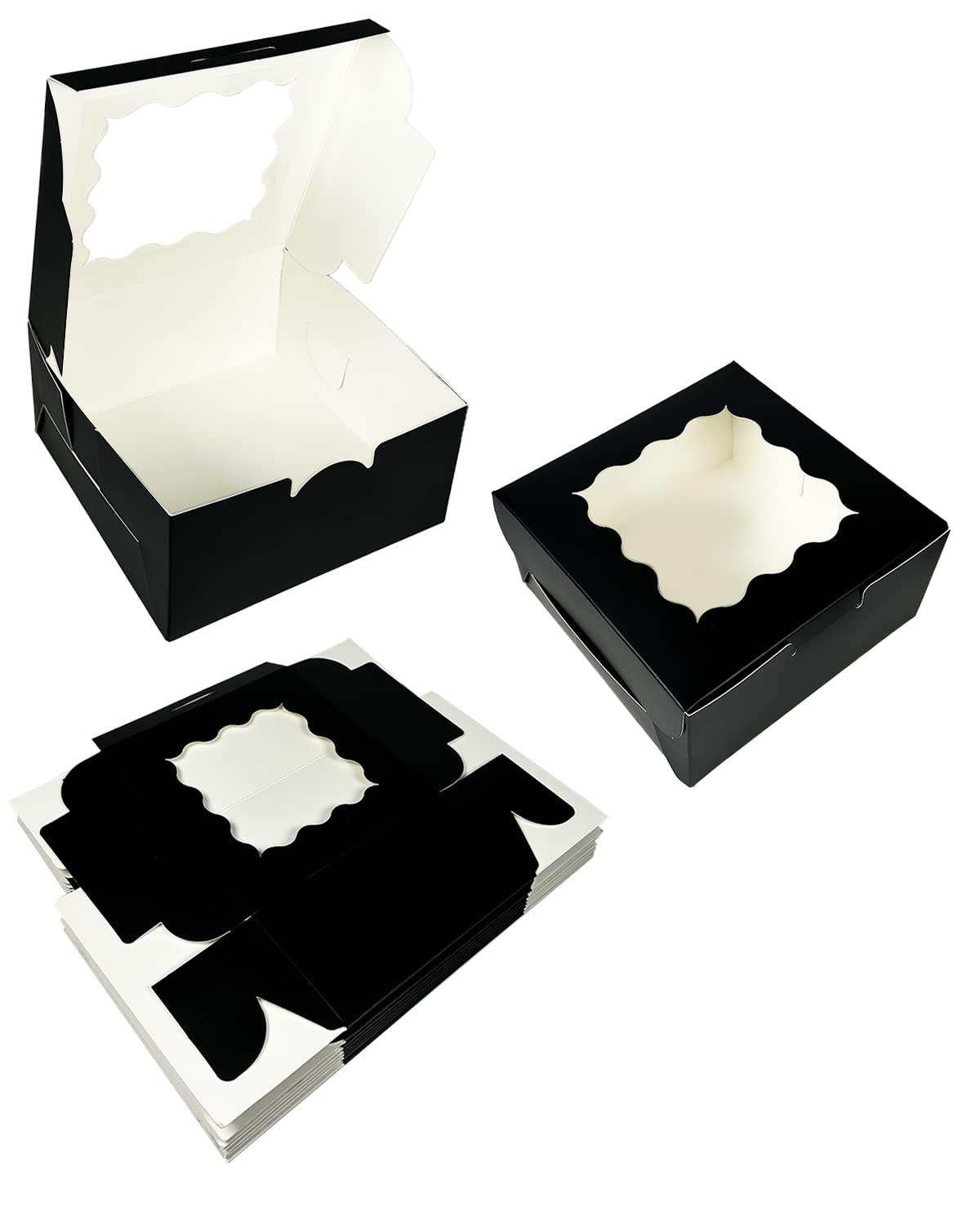 Bakepacker 100pcs Black Cookie Boxes 6x6x3 inches Easy Assemble Macaroon Pastry Boxes Bakery Boxes with Window for Bakery