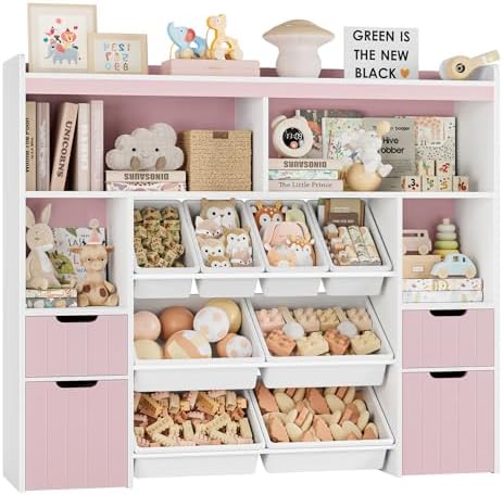 HORSTORS 55" W Toy Storage Organizer, Large Kids Bookshelf, Toy Box, Pink by HORSTORS