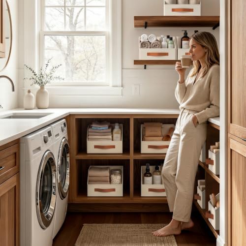 Homsorout Fabric Storage Bins for Organizing - 6 Pack Large Trapezoid Collapsible Storage Bins with Front Handle, Closet Organizers and Storage for Bedroom, Home Shelves, Small Spaces, Beige - Image 5