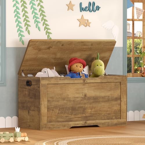 usikey 39.4” Storage Bench, Toy Box with 2 Safety Hinges, Lift Top Storage Chest, Toy Chest for Living Room, Bedroom, Entryway, Honey Brown - Image 2