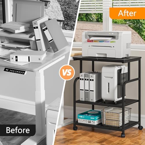 3-Tier Adjustable Large Printer Stand with Storage, Rolling Printer Cart with Lockable Wheels for Home, Office (Black) - Image 6