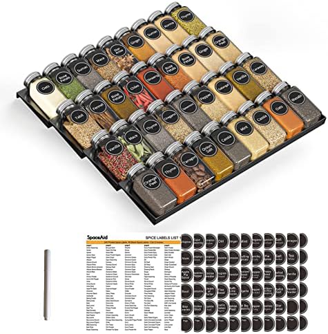 SpaceAid Spice Drawer Organizer with 36 Spice Jars, 386 Spice Labels, 4 Tier Seasoning Rack Tray Insert for Kitchen Drawers, 16.75" Wide x 17.5" Deep by SpaceAid