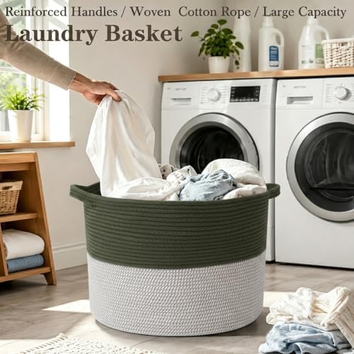 90L Extra Large Blanket Basket,Woven Laundry Basket-Green&White - Image 5