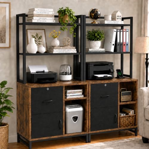 Homieasy Vertical Filing Cabinet with Bookshelf, Rustic Brown - Image 2