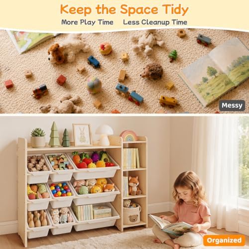 GITAWUSA Kids Bookshelf & Toy Organizer, 3-Tier Shelf/9 Bins, Natural, Pine - Image 5