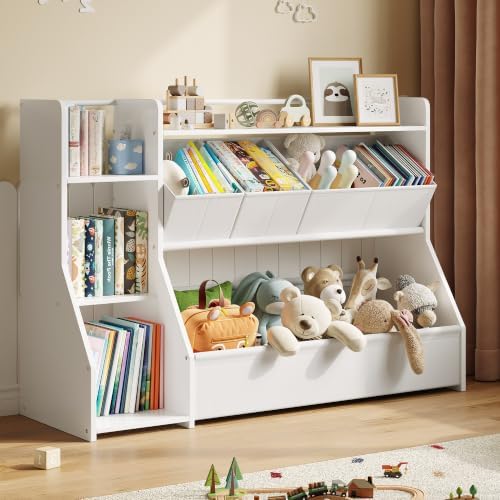 FOUCSSOMEI Kids Toy Storage Organizer with Bookshelf, 3-Tier Wooden Toddler Toy and Book Storage Rack with 3 Removable Bins for Living Room Playroom by FOUCSSOMEI