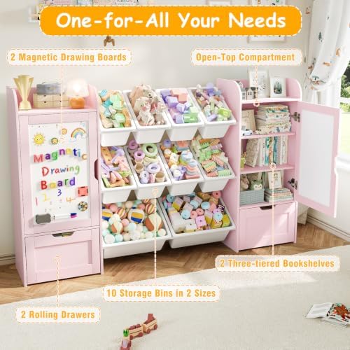 66" W Kids Bookshelf with Storage, 5-in-1 Toy Storage Organizer, Wooden - Image 3