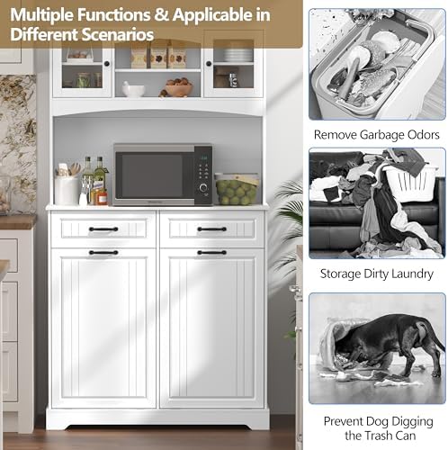 Double 13 Gallon Tilt Out Trash Can Cabinet with Deodorizing Function and Power Outlet, 71" Tall Wooden Garbage Can Holder Cabinet with 2 Storage Hutch & 2 Drawers for Kitchen and Dining Room, White - Image 5