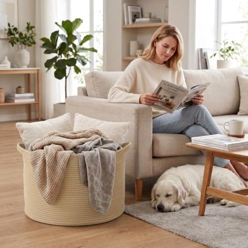 115L Extra Large Blanket Basket,Woven Rope Laundry Basket-Camel - Image 4