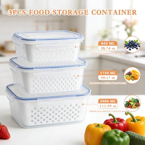 4 in 1 Food Storage Container,Fruit Storage Containers for Fridge,Produce Storage Containers with Lid and Strainer,Including Drain Basket,Keep Berry Fruit Fresh Longer(3PC-White) - Image 3