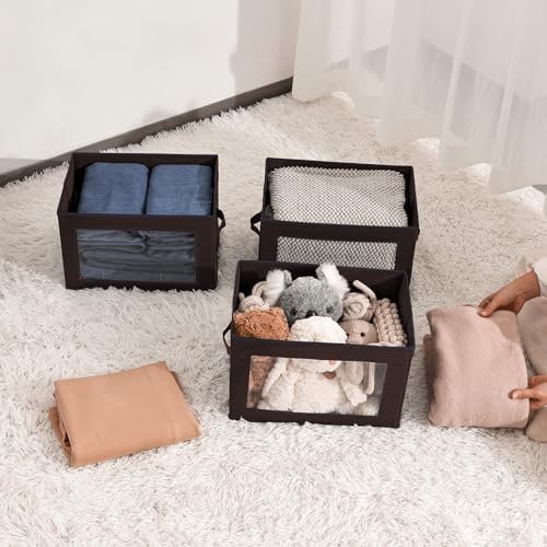 Homsorout Foldable Storage Boxes with Clear Window - Clothes Organizers and Decorative Bins with Lid, Fabric Storage Cube, Baskets for Shelves, Yarn, Home, Brown, 3 Pack - Image 6