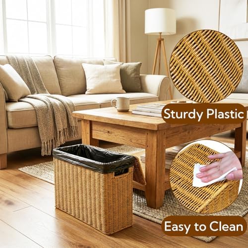 Pumtus Woven Storage Basket with Lid, 3 Gallon Decorative Plastic Organizer Box with Handle, Rectangle Narrow Tall Trash Can Toilet Paper Holder, Household Container Bin for Wardrobe, Magazines, Toys - Image 4