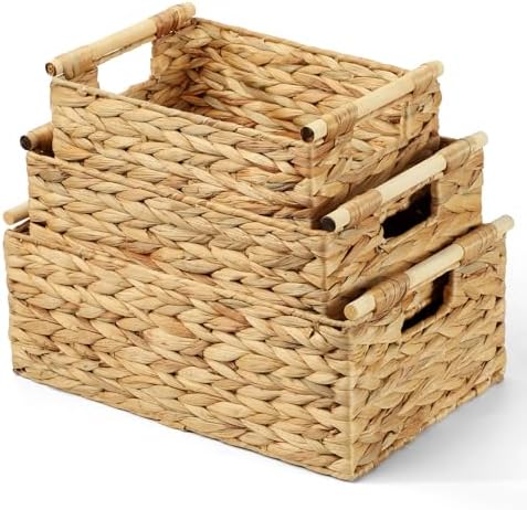 Wicker Storage Baskets for Organizing 3 Pack,Natural Water Hyacinth Ratten Baskets with Wooden Handles, Decorative Handwoven Storage Baskets for Shelves, Bathroom, Pantry or Kitchen by WickerStorageBaskets