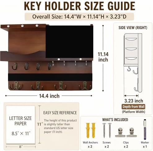 Key Holder Wall Mount with Shelf, Key Hooks for Wall, Brown - Image 2