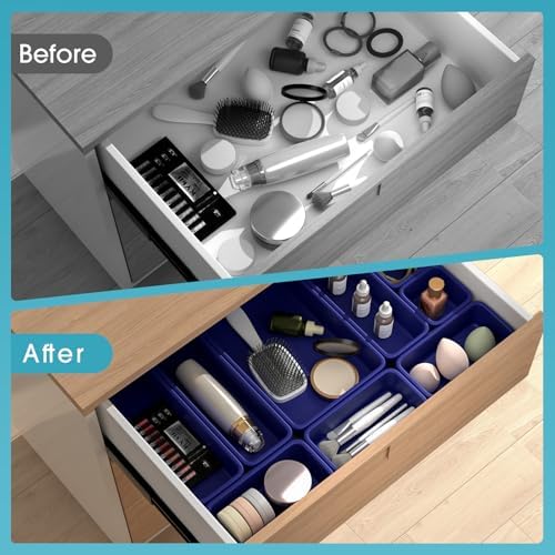 StoreHappily 10 PCS Drawer Organizer Set, 4 Size Makeup Drawer Divider Organizer With Non-Slip Pads, Interlocking Plastic Storage Bins for Office,Jewelry Vanity,Gadgets, Bathroom,Kitchen, Navy - Image 6