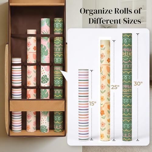 Ordovibe Wrapping Paper Storage Organizer, Over The Door Gift Wrap Holder with Removable Drawer & Side Mesh Pockets – Space Saving Closet Organizer for Christmas, Halloween, Birthday Rolls Supplies Brown - Image 5