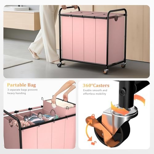 Laundry Sorter 4 Sections 48 Gal, Rolling Laundry Basket with Wheels ＆ Lid - Image 3