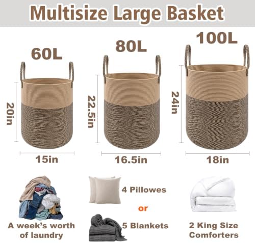 JMvicyroam 60L Cotton Rope Laundry Basket Hamper, Brown and Black - Image 2