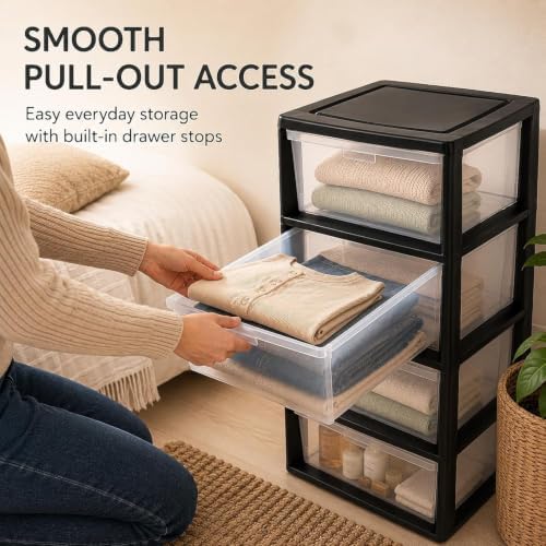 4 Drawer Storage Organizer, Wide Clear Plastic 4 Tier Drawer Unit (Black) - Image 5