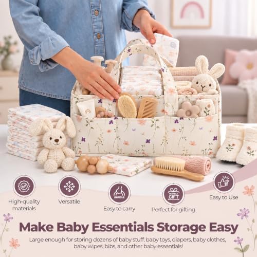 PeraBella Baby Diaper Caddy Organizer, Floral Baby Basket Shower Gift, Nursery Organizer Basket Newborn Boy& Girl Essential Items, Changing Table Organizer Caddy for Baby Stuff, Car Caddy-Cream Floral - Image 3