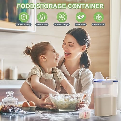 6 Pcs Set Rice Storage Container, Flour Dispenser with Pouring Spout & Measuring Cup, Kitchen Plastic Dry Food Storage Bin for Grain Oatmeal Snacks Pet Dog Food - Image 6