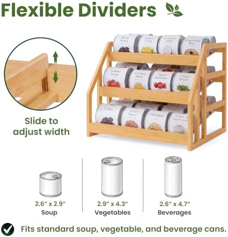 HOMESTEAD Bamboo Can Organizer for Pantry - 3 Tier Rack with Adjustable Dividers, Gravity Feed Canned Goods Organizer, 36 Cans Soda Storage - Image 3
