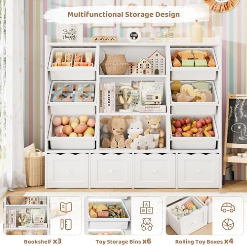 HITHOS 55" W Kids Toy Storage Organizer with 10 Toy Box & Book Shelf, White - Image 5
