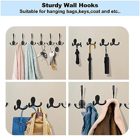 Kruodop 4 Pack Wall Hooks Wall Mounted Coat Hooks for Hanging Heavy Duty, Black Towel Hooks, Metal Double Coat Hanger with Screws Cup Retro for Coats, Handbags, Towels, Hat - Image 6