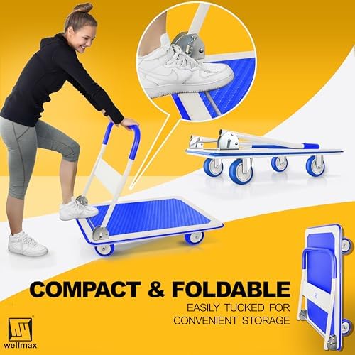 Wellmax Push Cart Dolly, Foldable Moving Platform Flat Cart, 660 lb, Blue - Image 6