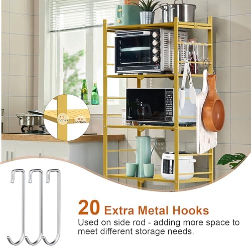Himix 5-Tier Foldable Storage Shelves with 20 Hooks Wheels Bookshelf Gold - Image 4