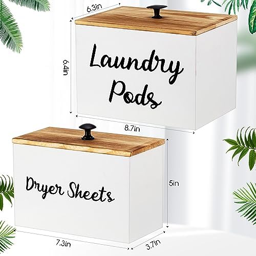 Dandat 2 Pcs Wood Rustic Laundry Dryer Sheet Holder Pod Container with Lid 8.7 x 6.3 x 6.4 Inch Laundry Pod Holder 7.3 x 3.7 x 5 Inch Dryer Sheet Dispenser Wooden Box Container(White) - Image 2
