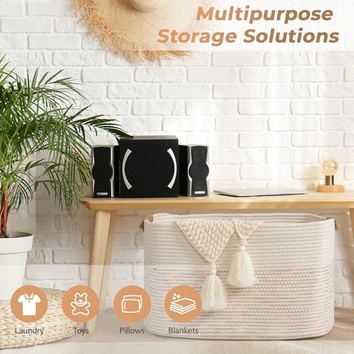 danpinera 108L Large Basket for Living Room, Boho Decorative Basket Organizing with Handles, Cotton Rope Storage for Toys, Pillows, Clothes, 25’’*16’’*16’’ Rainbow - Image 5