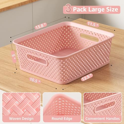 MaxGear 3 Pack Plastic Storage Baskets, Large, Pink - Image 6