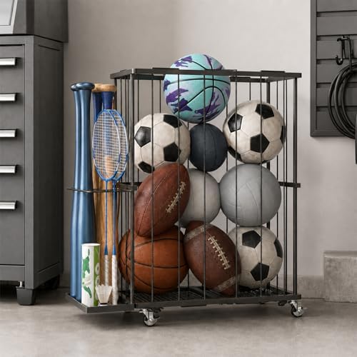 Ball Storage Rack with Side Bat Holder, Wheels, Garage Organizer - Image 2