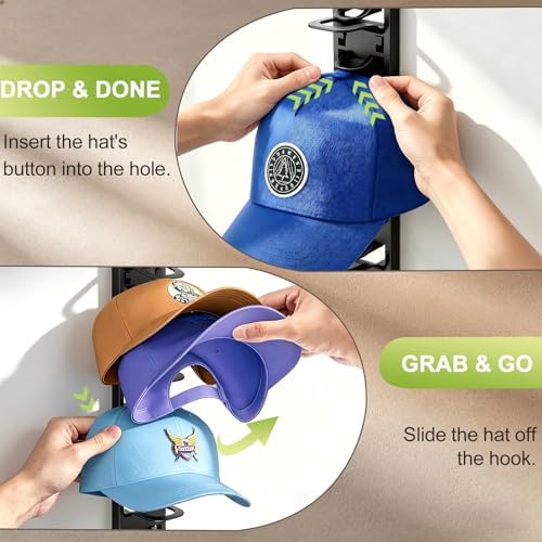 Hat Organizer for Baseball Caps 2 Pack, Hat Rack for Wall, Hat Storage, Hat Holder with Strong Adhesive and Screws (Black) - Image 2