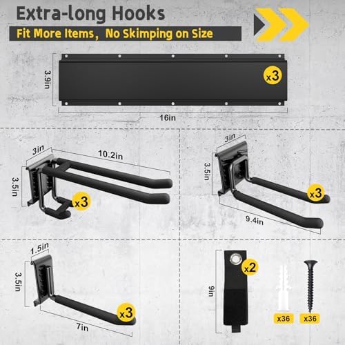 48" Garage Tool Organizer Wall Mount, 660lbs Heavy Duty Steel Garden Tool Storage Rack with 9 Adjustable Hooks for Yard, Shed, Garage (3 Racks, 9 Hooks, 2 Straps) - Image 2