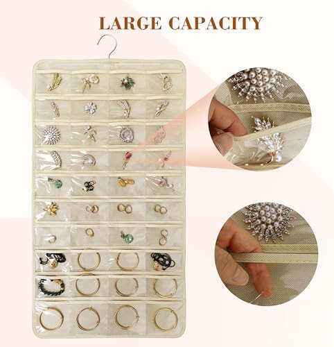 80 Pocket Hanging Jewelry Organizer with Hanger Metal Hooks Storage On Wall Door Closet Double-Sided(Each Side 40 Pockets) Jewelry Holder for Earrings, Necklaces, Rings (Beige) - Image 4