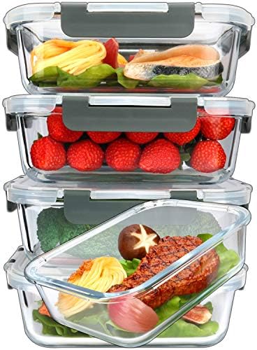 M MCIRCO 5 Pack 36 oz Glass Food Storage Containers with Lids,4.5 Cups,Gray by MMCIRCO