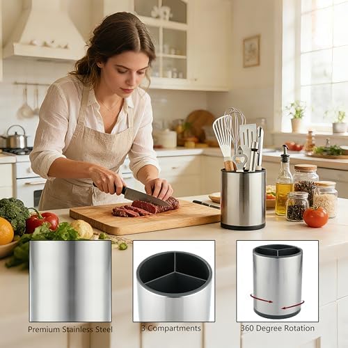 kitchen Utensil Holder Counter, DV Stainless Steel Rotating Cooking Spatula Utensils Holder Caddy (3 Compartment, 360°Rotating) - Image 3