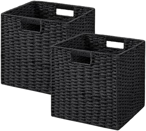 UBBCARE 2 Pack Wicker Basket, 11L×11H×10.5W inch Woven Paper Rope Storage Baskets for Shelves, Foldable Cube Storage bin with Handle, Storage Basket for Organizing & Decor, Black by UBBCARE