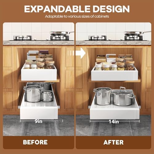 Seinloes 4 Pack Expandable (9"-14") Pull Out Cabinet Organizer 21" Deep With Raising Pad for Framed Cabinets,Upgrade 3 Slide Rails Slide Out Drawers,No Drill Roll Out Shelves Adhesive,White - Image 4